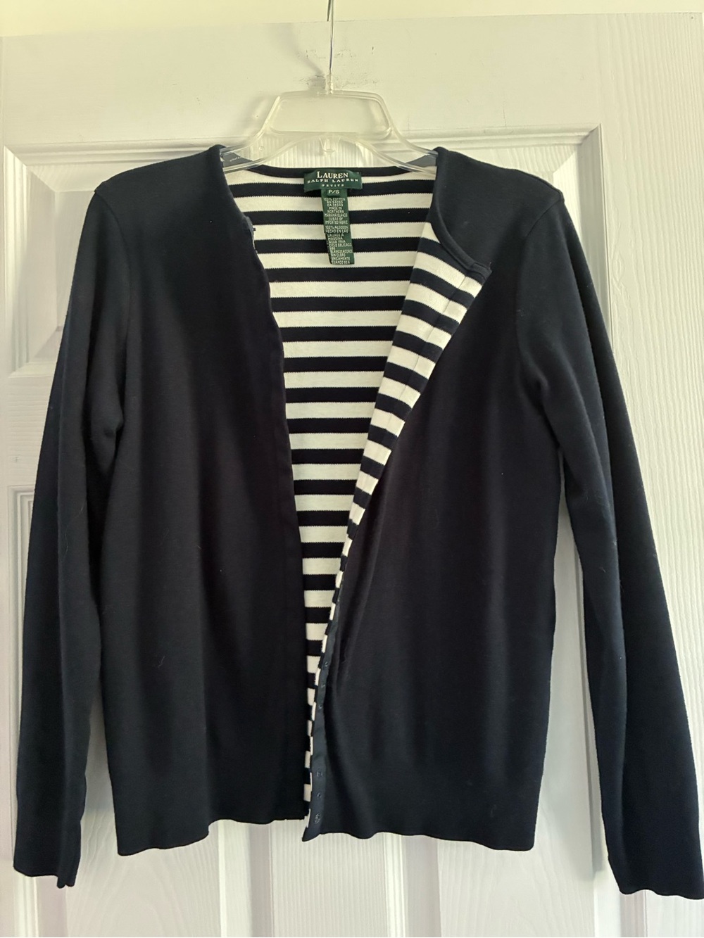 Ralph Lauren Navy and White Striped Top with Green Logo Tag